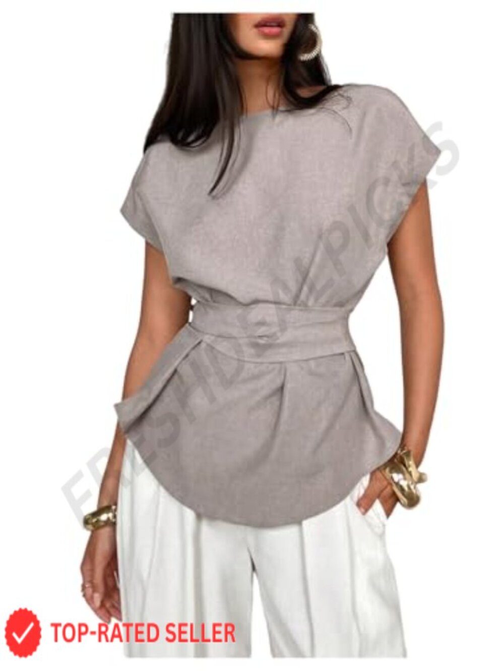 Women's Belted Short Sleeve Business Casual Blouse Loose Fit Tie Back Top